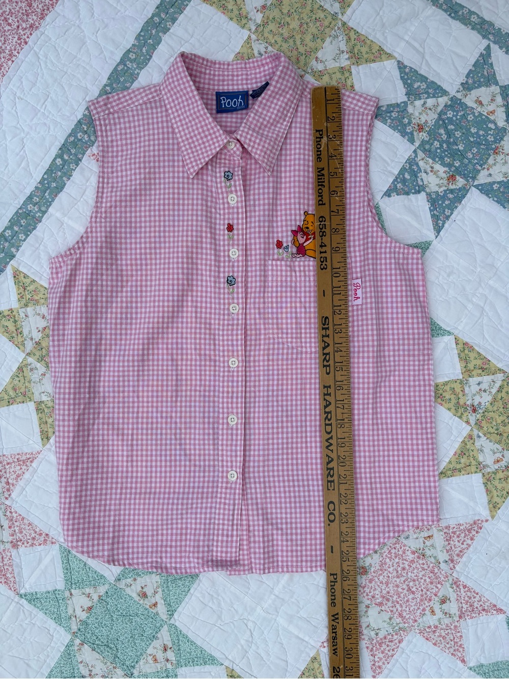 Vintage Winnie the Pooh Piglet Pink Gingham Top Large 90s Y2K Cottagecore Disney - Picture 12 of 12